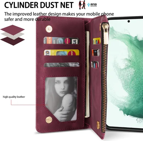 Miniatura 3 de ZZXX Funda para Samsung Galaxy S22 Plus con ranura para tarjeta, piel sintética suave de alta calidad, con cremallera, con correa para la muñeca