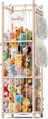 Almacenamiento y organizador de animales de peluche, soporte de madera de 54 pulgadas de alto para juguetes de zoológico con bolsa de almacenamiento