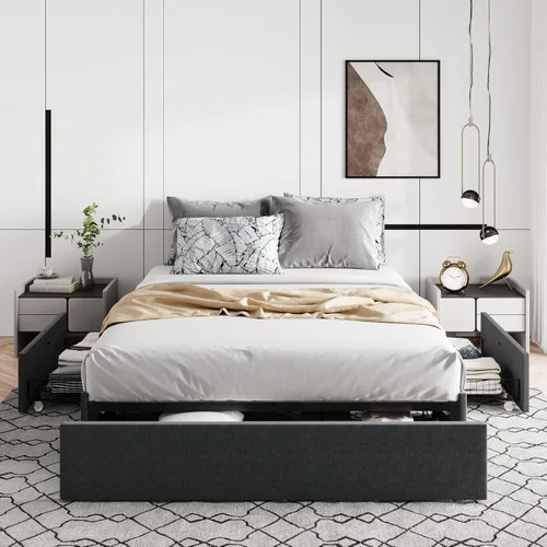 Miniatura 7 de Allewie - Base de cama tamaño matrimonial con plataforma, 3 cajones de almacenamiento, tapizada en tela, soporte de listones de madera, no necesita
