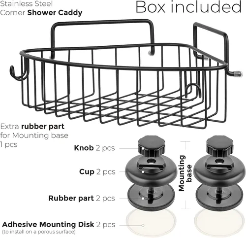 Miniatura 5 de HASKO accessories Organizador de ducha de esquina con ventosa con ganchos, organizador de baño de acero inoxidable, cesta de ducha montada
