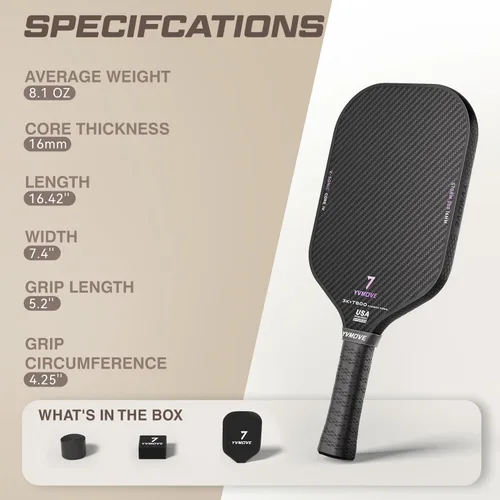 Miniatura 8 de YVmove T800 Carbon Fiber Pickleball Paddle with 16mm Dynamic Core, Premium Pickle Ball Thermoformed Unibody, Elongated Shape, Enhanced Power & Negro