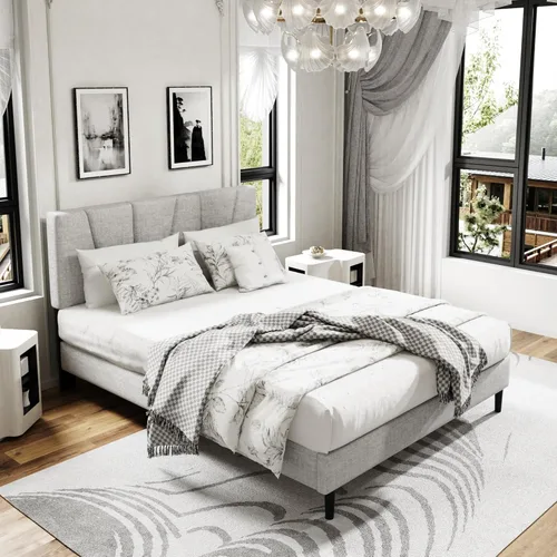 Miniatura 7 de Sismplly - Base de cama plataforma tamaño Queen con cabecero tapizado, soporte de listones de madera, sin ruido, no necesita somier, fácil montaje