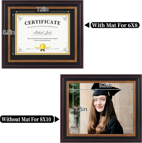 Miniatura 6 de Frametory, Marco de diploma de 6 x 8 con paspartú doble (negro/dorado) o de 8 x 10 pulgadas sin paspartú, oro negro y borgoña, soporte de caballete