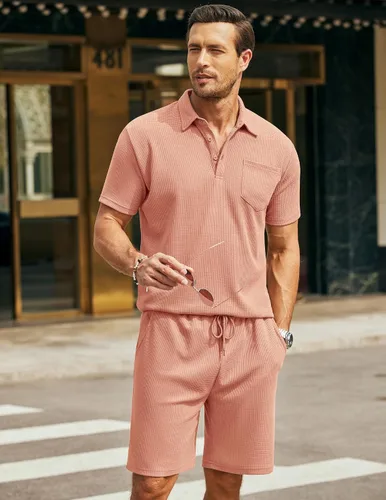 Miniatura 33 de COOFANDY Conjunto de camisa polo y pantalones cortos de punto gofre para hombre, conjunto de 2 piezas, traje de verano casual con bolsillos