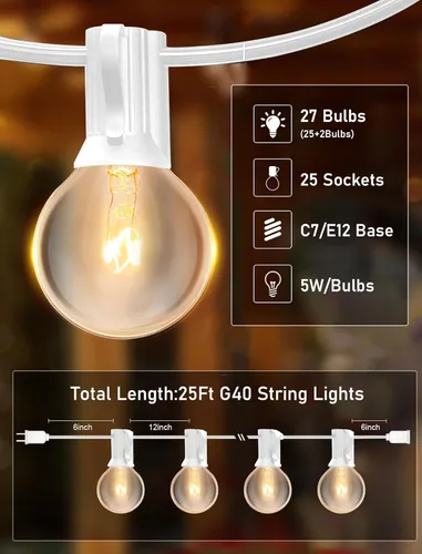 Miniatura 2 de Luces de Cadena Blancas para Exteriores de 25 Pies con 27 Bombillas Transparentes, Luces de Cadena G40 Globe para Patio Interior/Exterior, Luces