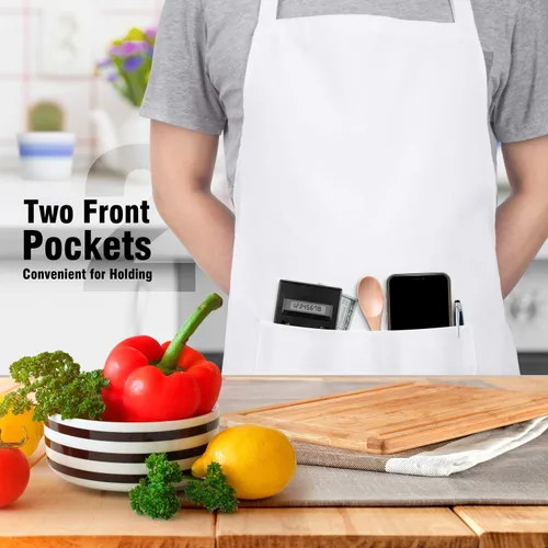 Miniatura 2 de Xornis Paquete de 4 delantales con peto con 2 bolsillos, delantal de cocina para cocinar, color blanco