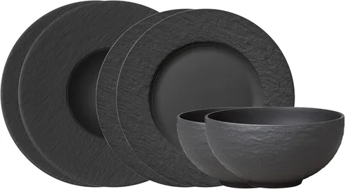 Villeroy & Boch Manufacture Rock Starter - Juego de vajilla de porcelana de alta calidad, platos llanos para pasta, 2 platos, negro/gris