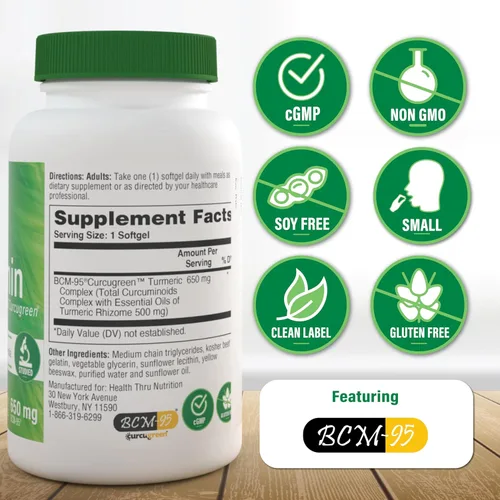 Miniatura 3 de Health Thru Nutrition Curcumin 650mg BCM-95 Curcugreen Complejo de curcumina de cúrcuma Alta absorción Respuesta saludable a la inflamación