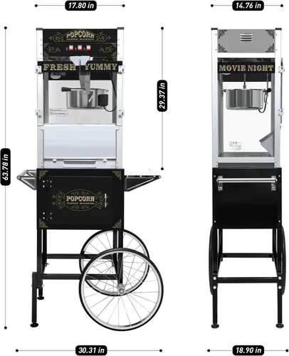 Miniatura 4 de Máquina comercial de palomitas de maíz con carrito y hervidor de 20 onzas, máquina vintage de palomitas de maíz de 1440 W sobre ruedas con vidrio