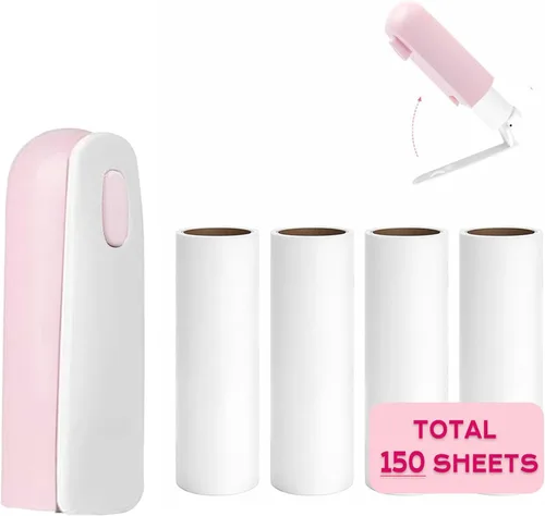 Mini rodillo de pelusa de viaje con 150 hojas adhesivas, removedor de pelo de mascotas compacto y portátil con cubierta para ropa, viajes, pequeño