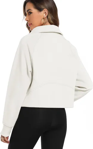 Miniatura 4 de LaLaLa Women's Cropped Sweatshirt Half Zip Fleece Quarter Zipper Pullover Hoodies Fall Outfits Clothes with Thumb Hole