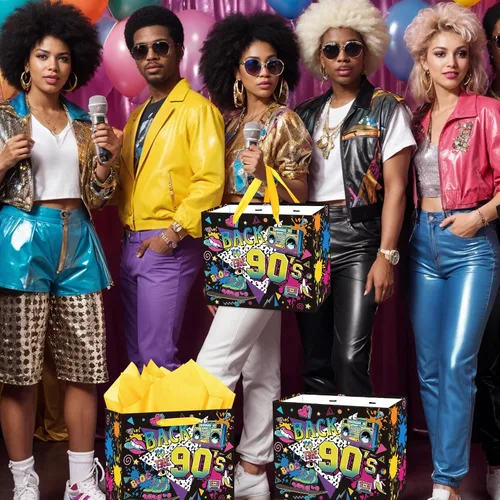 Miniatura 4 de Bolsa de regalo de cumpleaños de los años 90 para hombres y mujeres, bolsas de recuerdos de fiesta temática retro de los años 90 con papel de seda