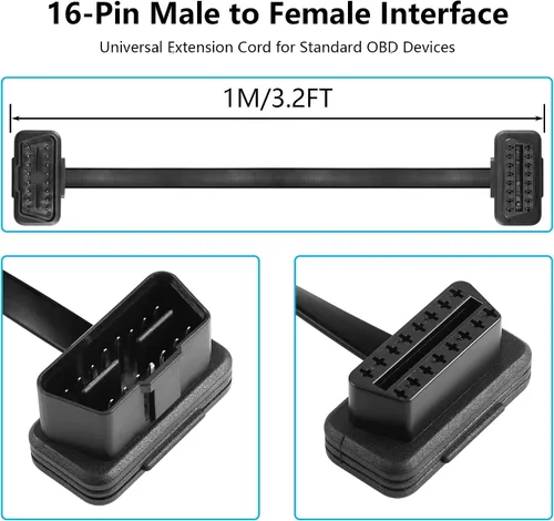 Miniatura 2 de CERRXIAN 3.2FT 1M OBDII OBD2 ángulo recto 16 Pin macho a hembra Cable plano de extensión, herramienta de escaneo OBDII Extensor de diagnóstico Cable