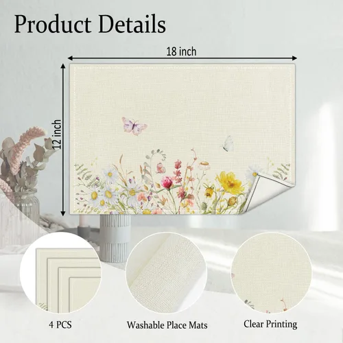 Miniatura 2 de Juego de 4 manteles individuales de flores silvestres, tapetes de mesa florales para cocina del hogar, restaurantes, tapetes lavables de lino