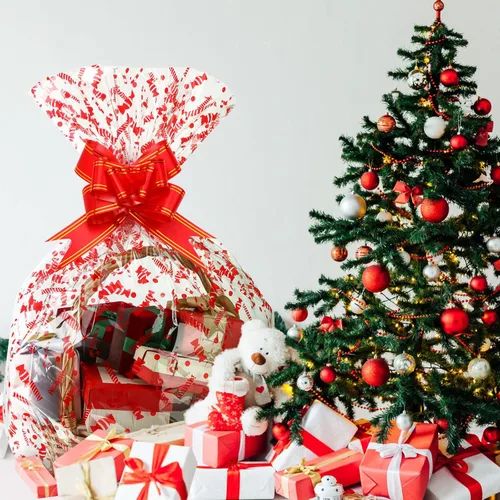 Miniatura 7 de Zonon 20 bolsas grandes de cesta de Navidad de 35 x 23 pulgadas, bolsas de celofán transparentes con copos de nieve, bastones de caramelo a cuadros