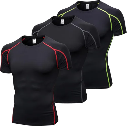 Paquete de 3 camisetas de compresión atléticas para hombre, manga corta, camiseta de entrenamiento, camiseta deportiva fresca y seca
