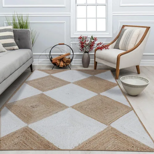 Miniatura 4 de Collection - Alfombra de pasillo de 2.6 x 4 pies, alfombra trenzada de yute blanca y beige, alfombra geométrica kilim para interiores y exteriores