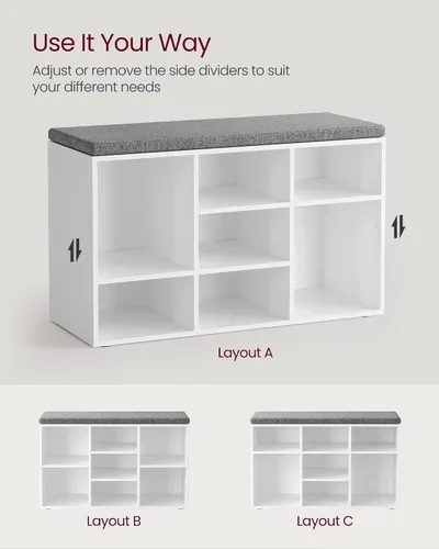 Miniatura 7 de VASAGLE - Colección CUSTOS - Banco para zapatos, banco de almacenamiento con asiento acolchado, banco de entrada con 9 compartimentos, para Blanco