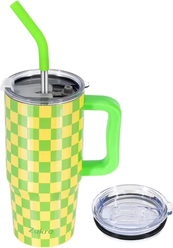 Zukro Vaso de 24 onzas con asa y popote, 2 tapas, mantiene las bebidas frías 20 horas, calientes 6 horas, a prueba de fugas, taza de café de acero