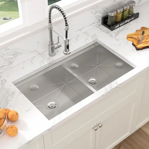 Miniatura 3 de Sarlai 28 Fregadero de cocina bajo encimera de doble tazón - Fregadero bajo encimera de acero inoxidable de 28x19 pulgadas de calibre 16, con repisa