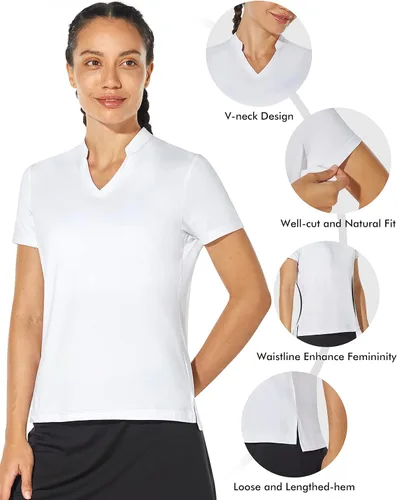 Miniatura 2 de Camisa de golf para mujer, sin cuello, cuello en V, manga corta, ligera, absorbe la humedad, secado rápido