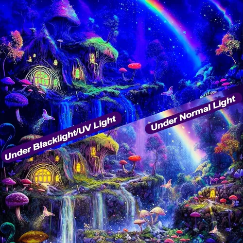 Miniatura 5 de Kanuyee Tapiz de luz negra de neón para colgar en la pared, bosque encantado, cascada, tapices para dormitorio, tapices UV, para colgar en la pared