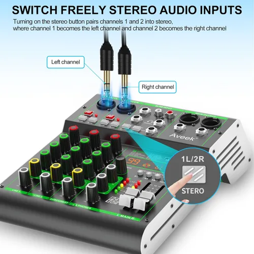 Miniatura 5 de Aveek Mezclador de audio, consola de mezcla de tablero de sonido profesional con unidad USB/Bluetooth/Computadora/Mezclador de DJ de entrada estéreo