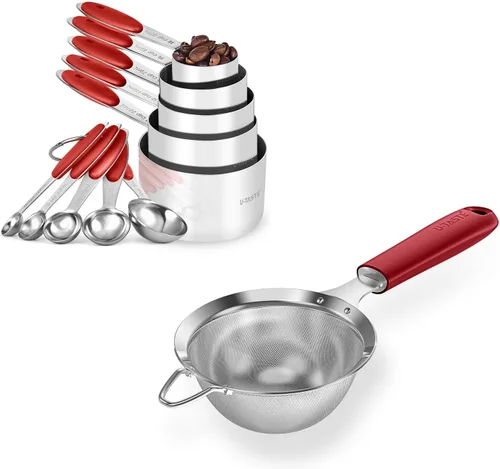 U-Taste Juego de 10 tazas y cucharas medidoras en acero inoxidable 18/8 y acero inoxidable 18/8 de 3.9 pulgadas 30 colador de malla (rojo)