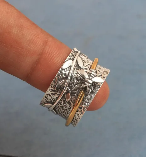 Miniatura 3 de Anillo giratorio de plata de ley con diseño de hoja de meditación de abeja de miel y abeja