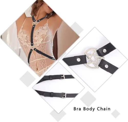 Miniatura 4 de Jerany Cinturón de cuero negro punk con cadena de ombligo gótico, anillo tórico, cadena de cuerpo, arnés de fiesta, joyería para mujeres y niñas