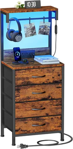 Miniatura 12 de Furnulem Mesita de noche alta con estación de carga, mesitas de noche con luces LED y estantes de almacenamiento, mesa auxiliar de cama para Roble