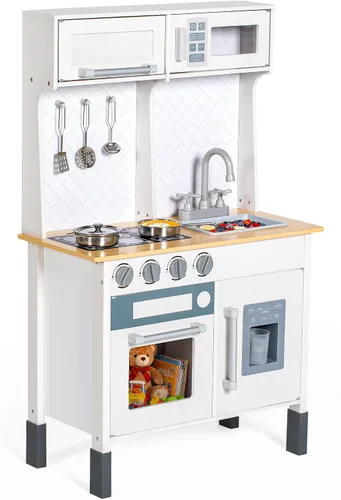 Juego de cocina, cocina de madera para niños pequeños con grifo, fregadero, máquina de hielo, juguetes de cocina, alturas ajustables, estufa, cocina