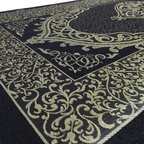 Miniatura 5 de Modefa Alfombra de oración islámica fina tejida de felpilla y tafetán turca Sajada diseño intrincado metálico (negro + azul)