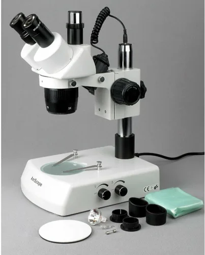 Miniatura 3 de AmScope Microscopio estéreo trinocular SW-2T24Z, oculares WH10x, aumento 20X/40X/80X, objetivo 2X/4X, iluminación halógena superior e inferior