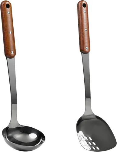 FJNATINH Espátula y Cucharón de Wok de Acero Inoxidable, Juego de Utensilios de Cocina de Metal con Acabado Espejo, Accesorios de Wok con Mango de