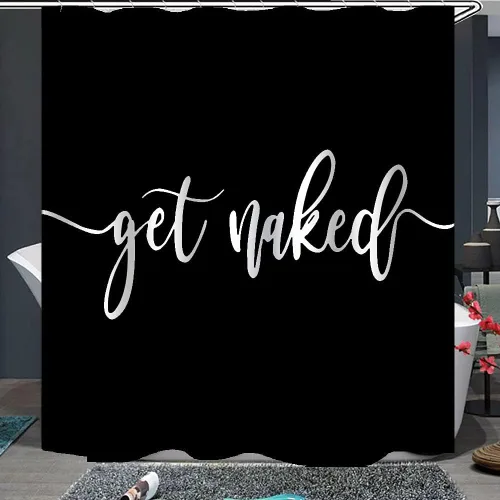 Cortina de ducha divertida y linda con texto en inglés «Get Naked White Words» con fondo negro, diseño simple, lavable a máquina, juego de