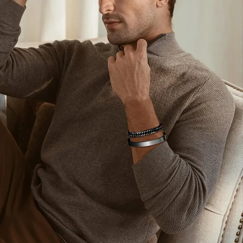 Miniatura 2 de XUANPAI Pulseras de plata personalizadas para hombre, 2 pulseras de acero inoxidable con eslabones cubanos para hombre, joyería de regalo para papá