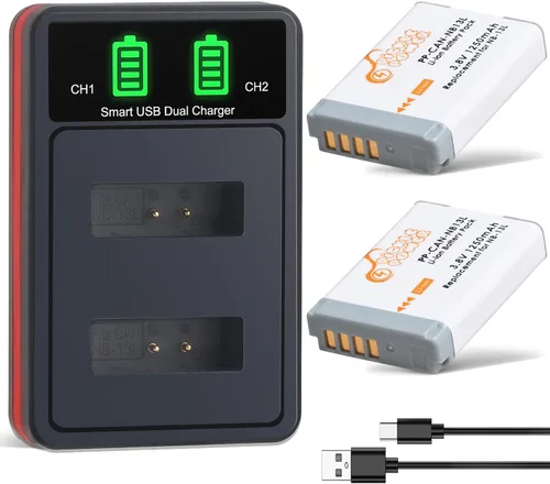 Pickle Power Paquete de 2 baterías NB-13L y cargador dual LED para Canon PowerShot SX740 HS, G7 X Mark II, G7 X, G1 X Mark III, G5 X, G9 X, G9 X