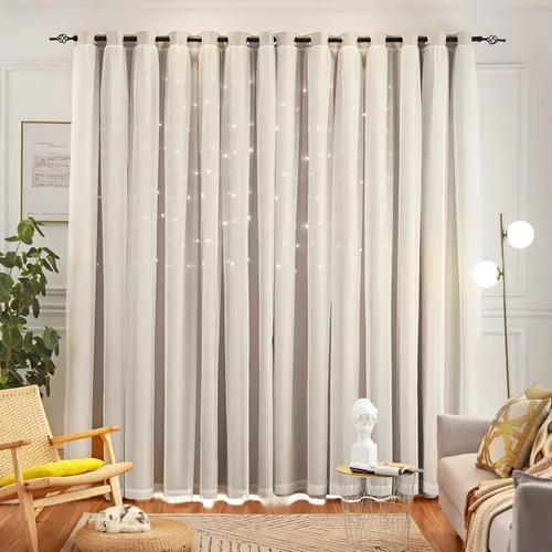 Miniatura 2 de Loyala Cortinas opacas de doble capa con diseño de estrellas para dormitorio de niños, bonitas, 63 pulgadas de largo, juego de 2 paneles, beige, 42