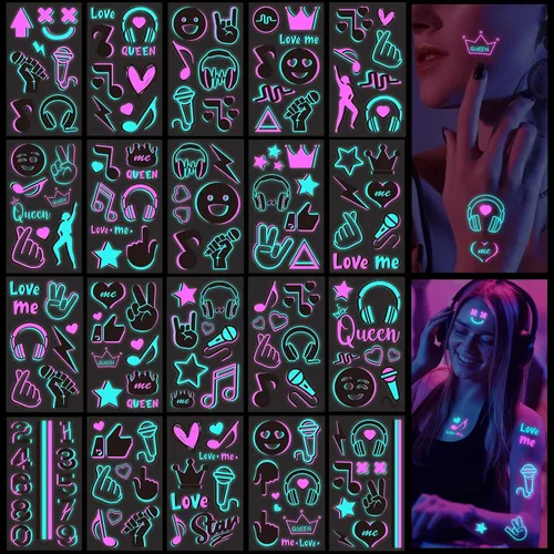 Konsait 20 hojas de tatuajes de luz negra para adultos, notas musicales, tatuajes de brillo corporal, cara, tatuajes temporales, impermeables, de