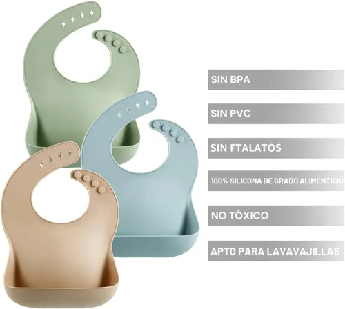 Miniatura 6 de PandaEar Set of 3 Silicone Baby Bibs Waterproof, Soft, Unisex, 10-72 Months Marrón/Azul/Verde