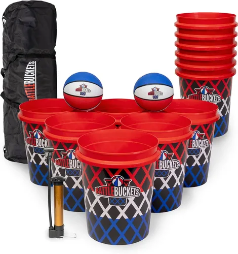 Battle Buckets – Juego gigante de pong y baloncesto de patio con 12 cubos, 2 pelotas, bolsa de transporte y bomba de aire – Juego de exterior para
