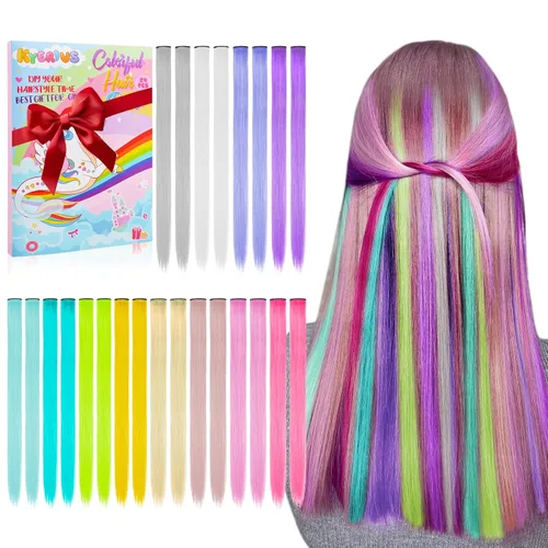 Miniatura 11 de Kyerivs 24 Extensiones de Cabello Azul de 20 Pulgadas con Pinza Arcoíris, Extensiones Sintéticas Lacias para Niñas, Accesorios de Cabello Coloridos