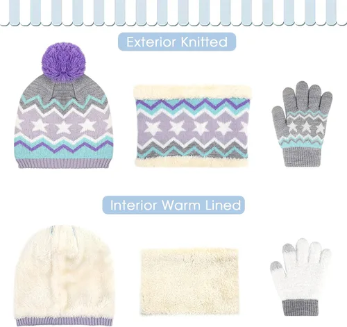 Miniatura 3 de Conjunto de gorro de invierno para niños y niñas de 2 a 7 años, gorro con pompón, forro polar