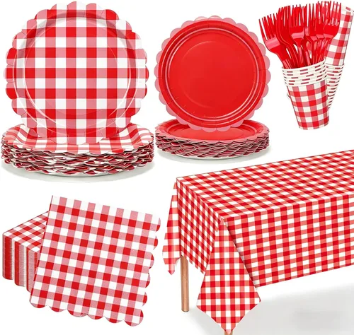 Miniatura 9 de Suministros de fiesta de cuadros verdes, incluyen platos de papel festoneado desechables de 9 y 7 pulgadas, servilletas, vasos, tenedores, manteles