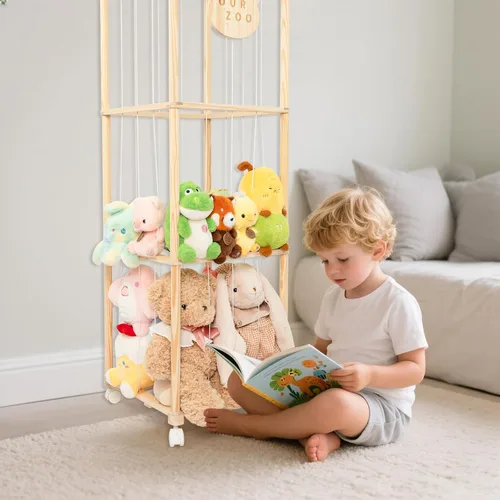 Miniatura 4 de Organizador de zoológico de almacenamiento de animales de peluche, soporte alto de torre de madera para juguetes de peluche grandes, exhibición