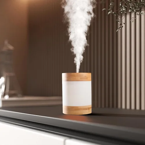 Mini humidificador ultrasónico de bambú, humidificador de escritorio silencioso de 14.1 onzas líquidas con luz nocturna LED dual, alimentado por