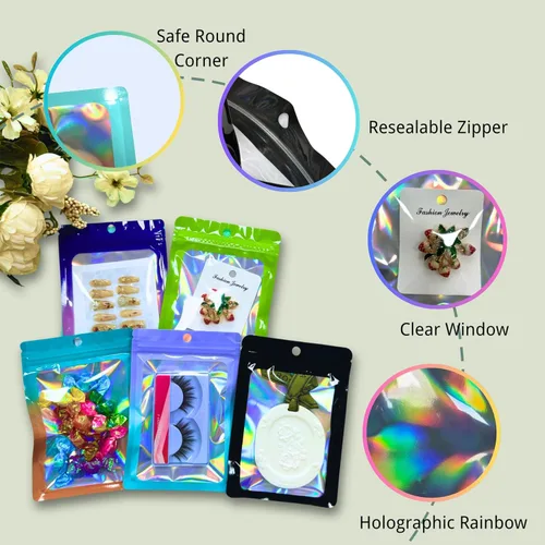Miniatura 3 de Sylvia Flower 300 bolsas de Mylar a prueba de olores para pequeñas empresas, bolsas holográficas resellables de 4 x 6, bolsas de papel de aluminio