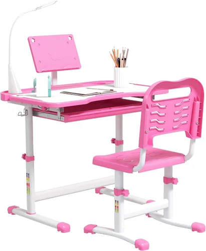 Qaba Juego de escritorio y silla para niños, juego de sillas de escritorio escolar de altura ajustable con escritorio inclinable, luz USB, cajón de