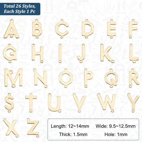 Miniatura 2 de PH PandaHall 26 estilos chapados en oro de 18 quilates, eslabones del alfabeto de latón, colgantes de letras mayúsculas A-Z para aretes, collares
